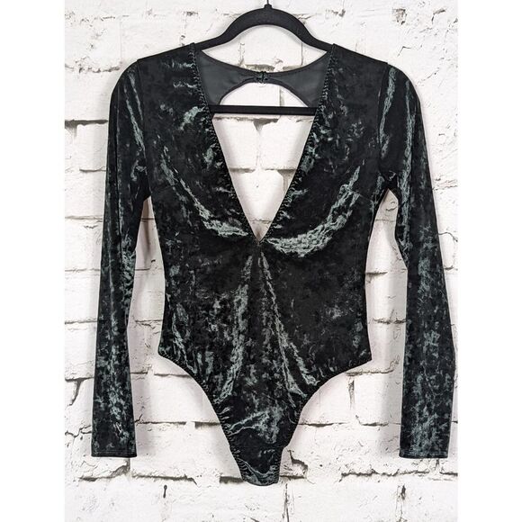 VICTORIA'S SECRET Crushed Velvet Plunge V-Neck Thong Bodysuit Forest Green XS/S - Picture 1 of 10